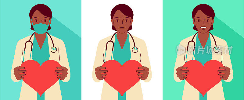 Beautiful young female doctor (nurse, healthcare worker) wearing a stethoscope, face mask and holding a heart shape sign